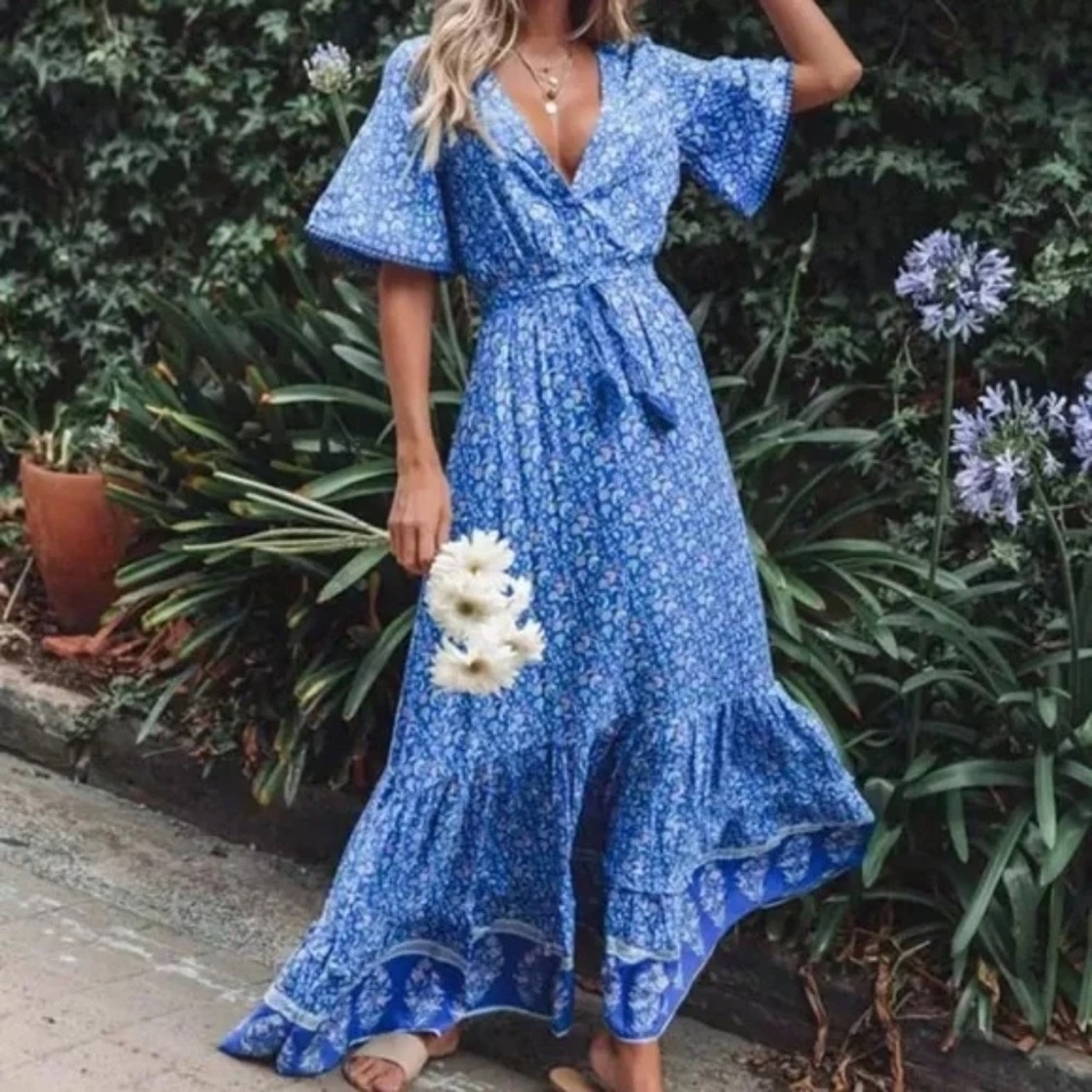 Blue Bohemian Gypsy Floral Short Sleeve V-Neck Long Casual Maxi Dress - Picture 2 of 6